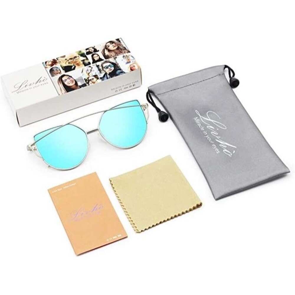 Livhò Cat Eye Sunglasses Women Silver Metal Blue Mirror Flat Lenses UV400 Trendy
